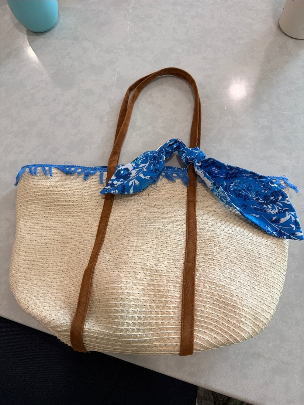 Rachel Zoe Small Woven Straw Tote Bag with Blue Scarf Accent